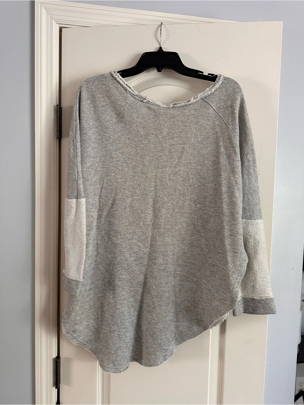 Free People Gray Patchwork Boho Long-Sleeve Top with Red & Black Print